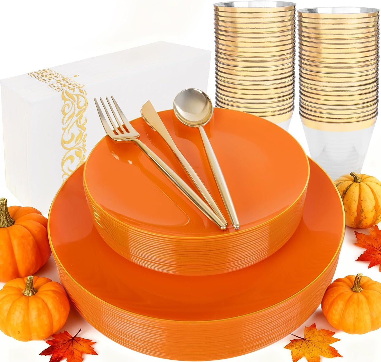 MirthMood 210PCS Orange Plastic Plates,Thanksgiving plastic Dinner Plates– Plastic Plates Set Includes 30 Dinner,30 Dessert Plate,30 Cup&50 Napkins, 30 orange Silverware for Wedding & Birthday Parties
