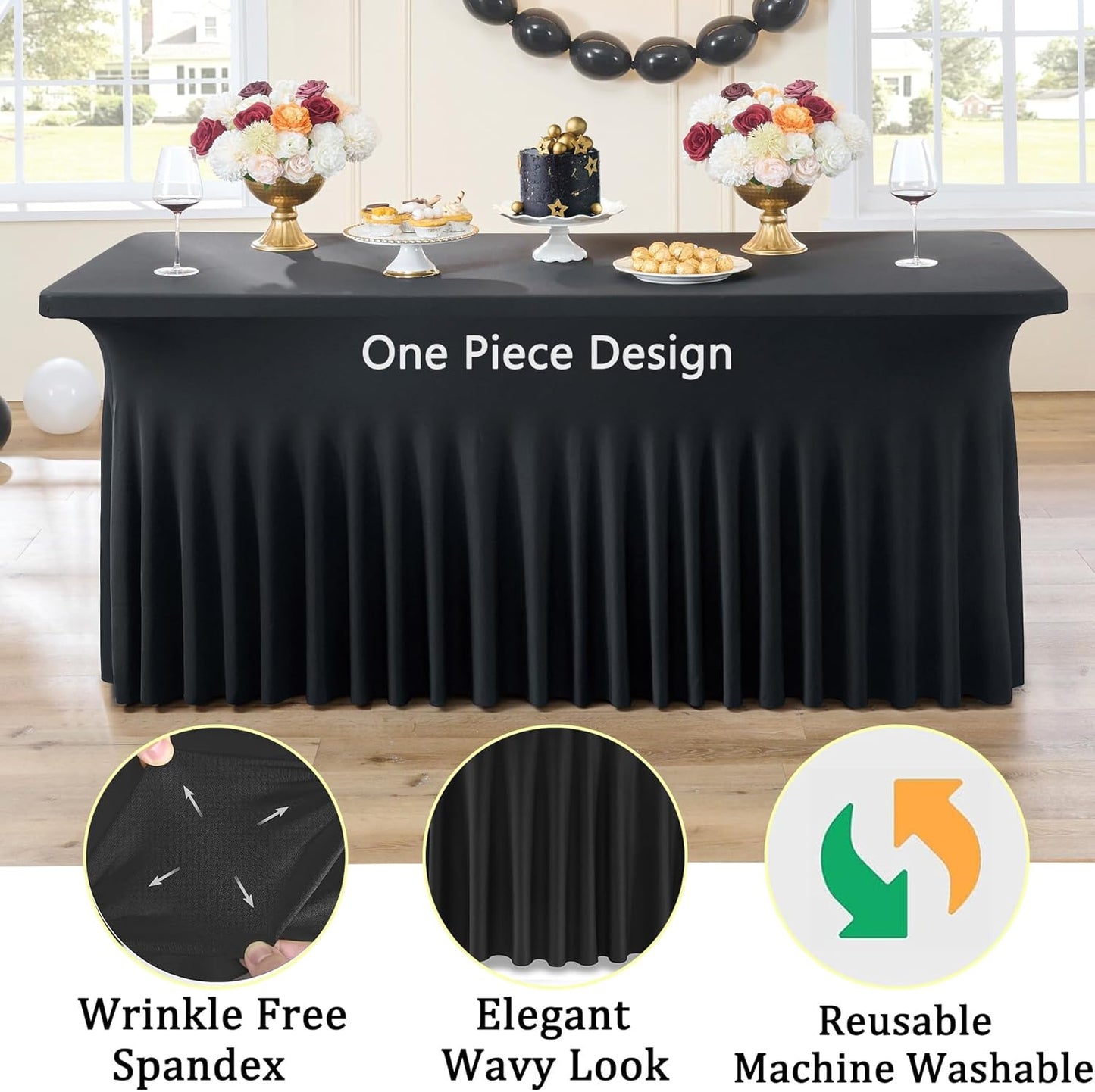 8 Pack Spandex Black Tablecloths for 6 Foot Rectangle Tables, Stretch Table Cloth 6ft Fitted Tablecover Desk Skirt for Parties Weddings Birthday Banquet Baby Shower