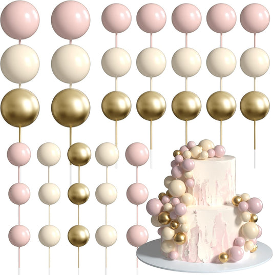 36 Pack Balls Cake Topper Decorations Foam Balloons Cake Decorations Sticks Mini Balloons Cake Toppers Balls Cake Picks for Baby Shower Wedding Anniversary Birthday Party Decorations Khaki Gold