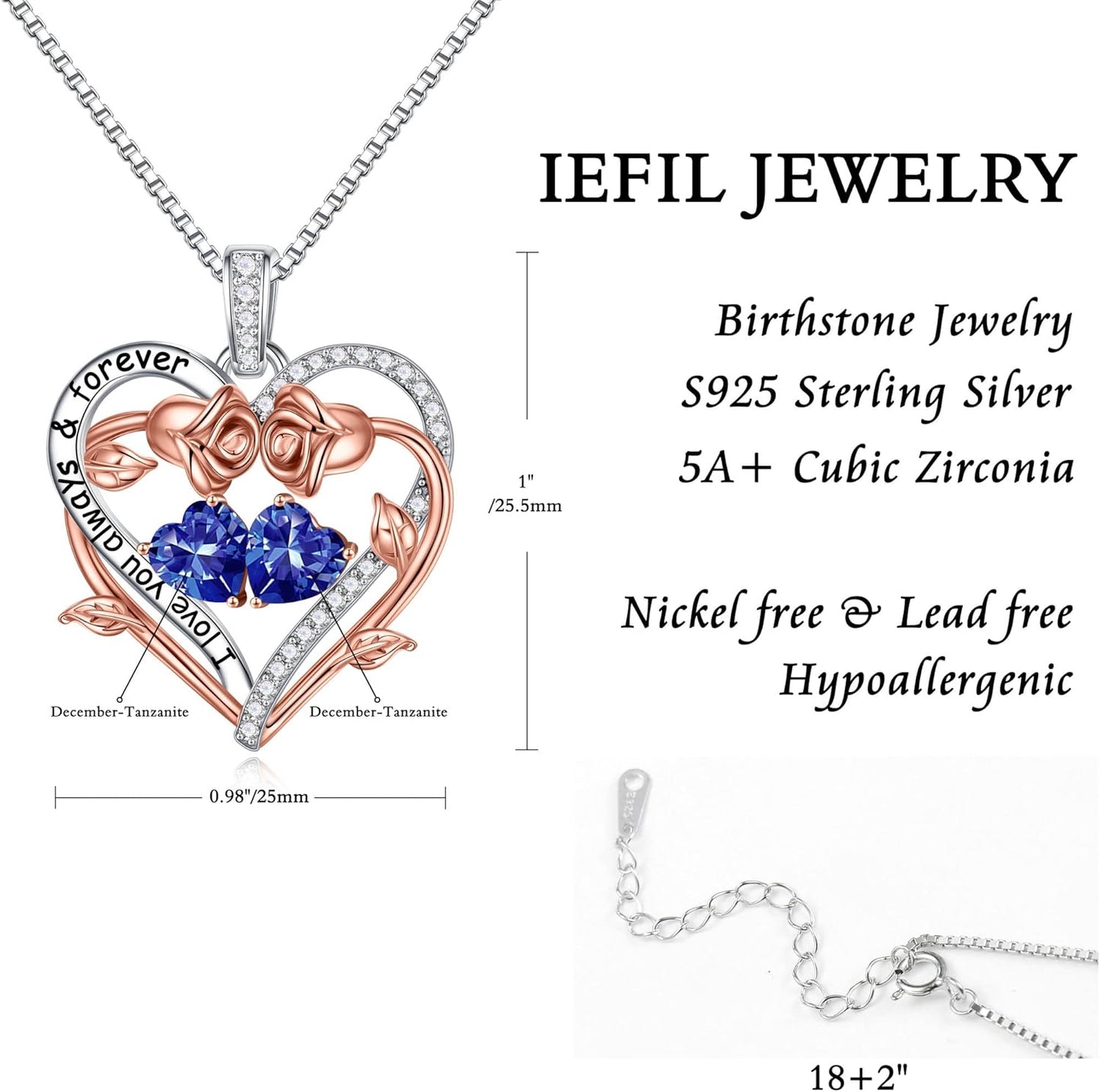 Iefil Rose Heart Double Birthstone Necklace Gifts for Wife Her Mom Women, Birthstone Jewelry Gemstone Birthday Gifts for Girlfriend Grandma Her Wife Women