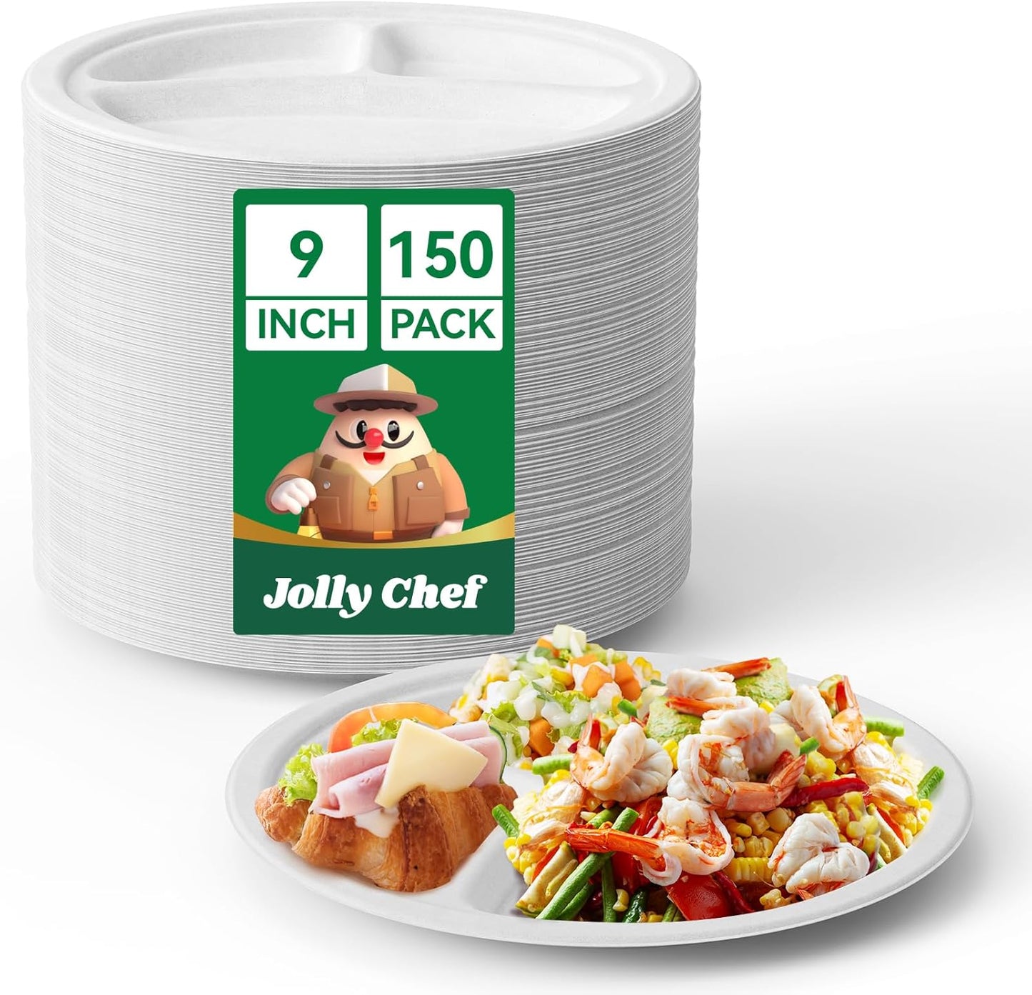 JOLLY CHEF Compostable 𝟯 Compartment Paper Plates 𝟵 𝗜𝗻𝗰𝗵 [𝟭𝟱𝟬 𝗣𝗮𝗰𝗸] Heavy Duty Divided Disposable Eco-Friendly Bagasse Biodegradable White Round Trays for Party Dinner Thanksgiving Day