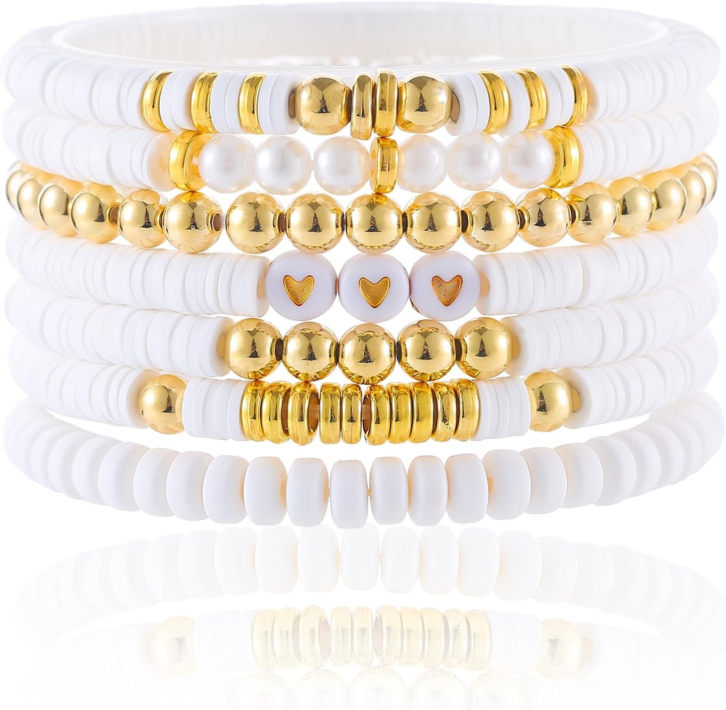 Friendship Bracelets Trendy Heishi Clay Bead Bracelets Stack Gold Beaded Stretch Bracelets for Women Boho Stackable Bracelets Bulk Cute Preppy Jewelry