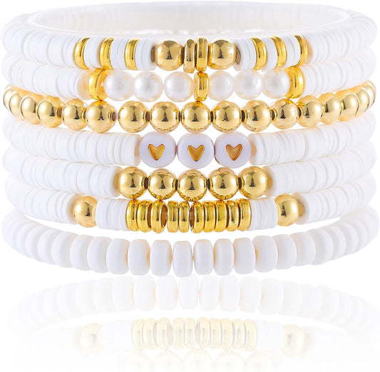 Friendship Bracelets Trendy Heishi Clay Bead Bracelets Stack Gold Beaded Stretch Bracelets for Women Boho Stackable Bracelets Bulk Cute Preppy Jewelry