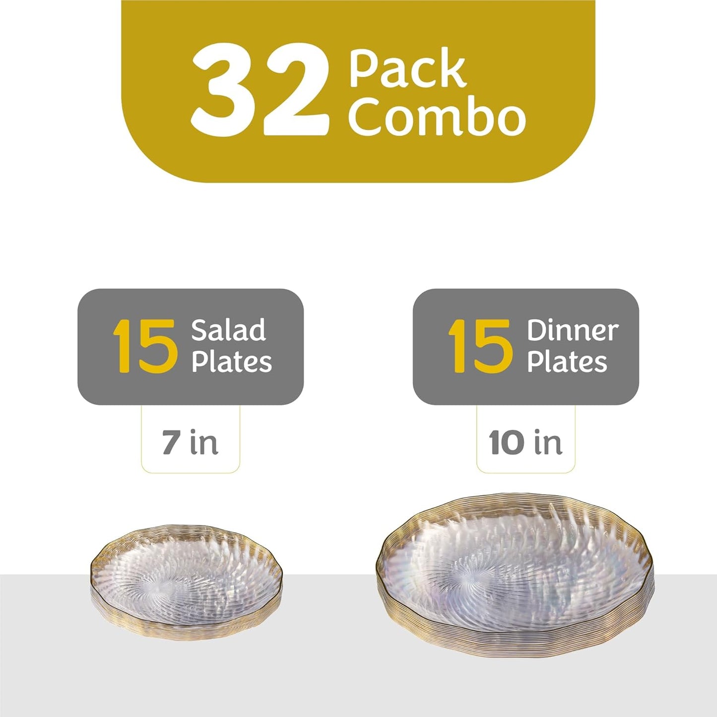 PLASTICPRO 30 Pack Plastic Plates Set of 15-10 inch Plates and 15-7 inch Plate, Elegant Clear Spiral and Gold Rim Disposable Fancy Plate Premium Heavyweight