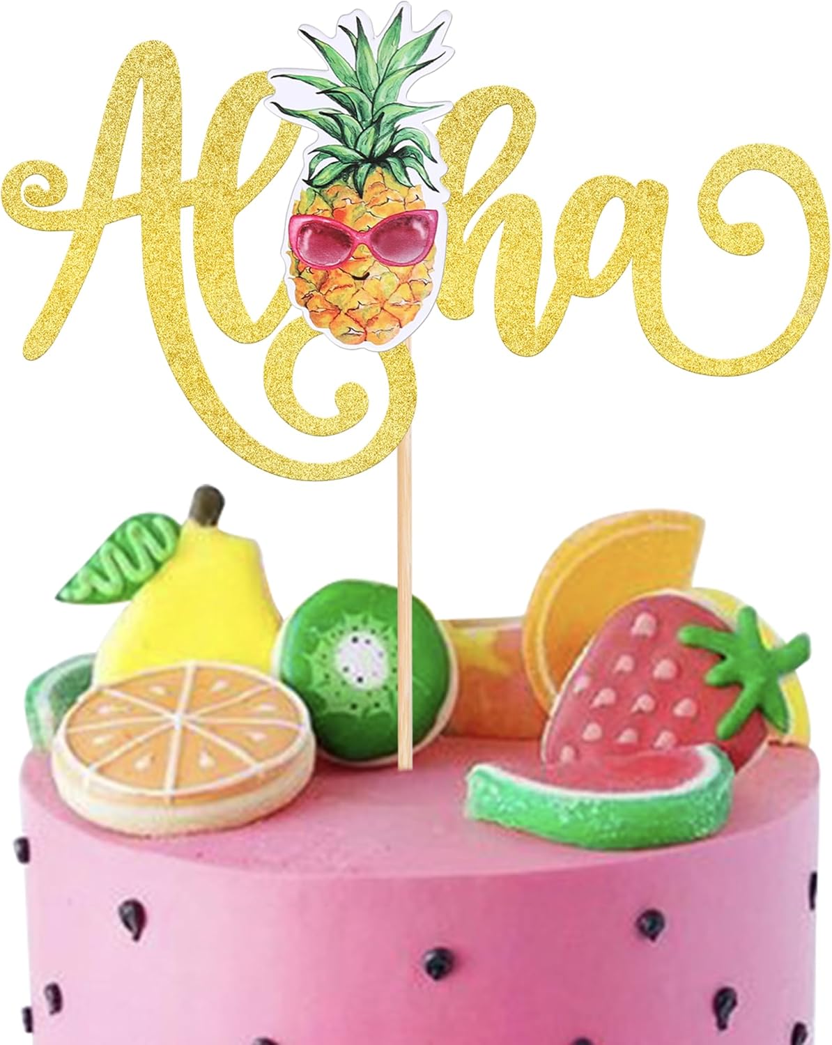 1 Pack Aloha Cake Topper Glitter Pineapple Summer Hawaiian Cake Pick Tropical Cake Decorations for Summer Baby Shower Aloha Hawaiian Theme Birthday Party Supplies Gold