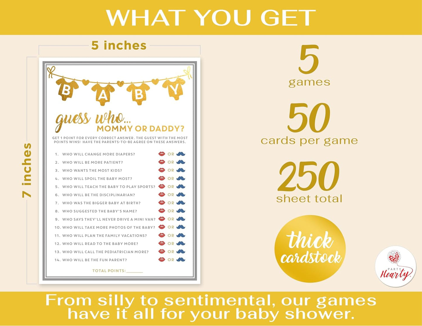Party Hearty Baby Shower Games for Girl or Boy, 250 pcs 5 Games Activities Cards, Funny Baby Shower Games, Gender Neutral, Baby Shower Ideas