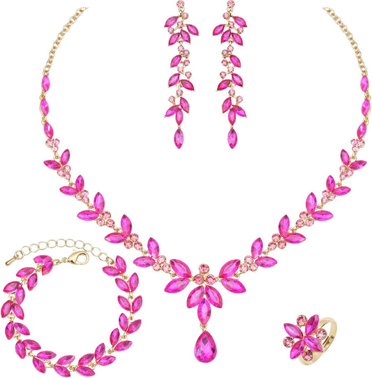 CSY 4 Pcs Elegant Bridal Jewelry Sets Austrian Marquise Crystal Wedding Necklace Dangle Earrings Tennis Bracelet Ring Set for Bride Women Costume Accessories