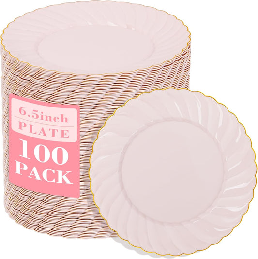 YOUBET 100 Pack Pink Scalloped Plastic Plates - 6.5 Inch Pink Disposable Plates - High End Elegant Vintage Dessert Plate for Party & Weeding & Birthday