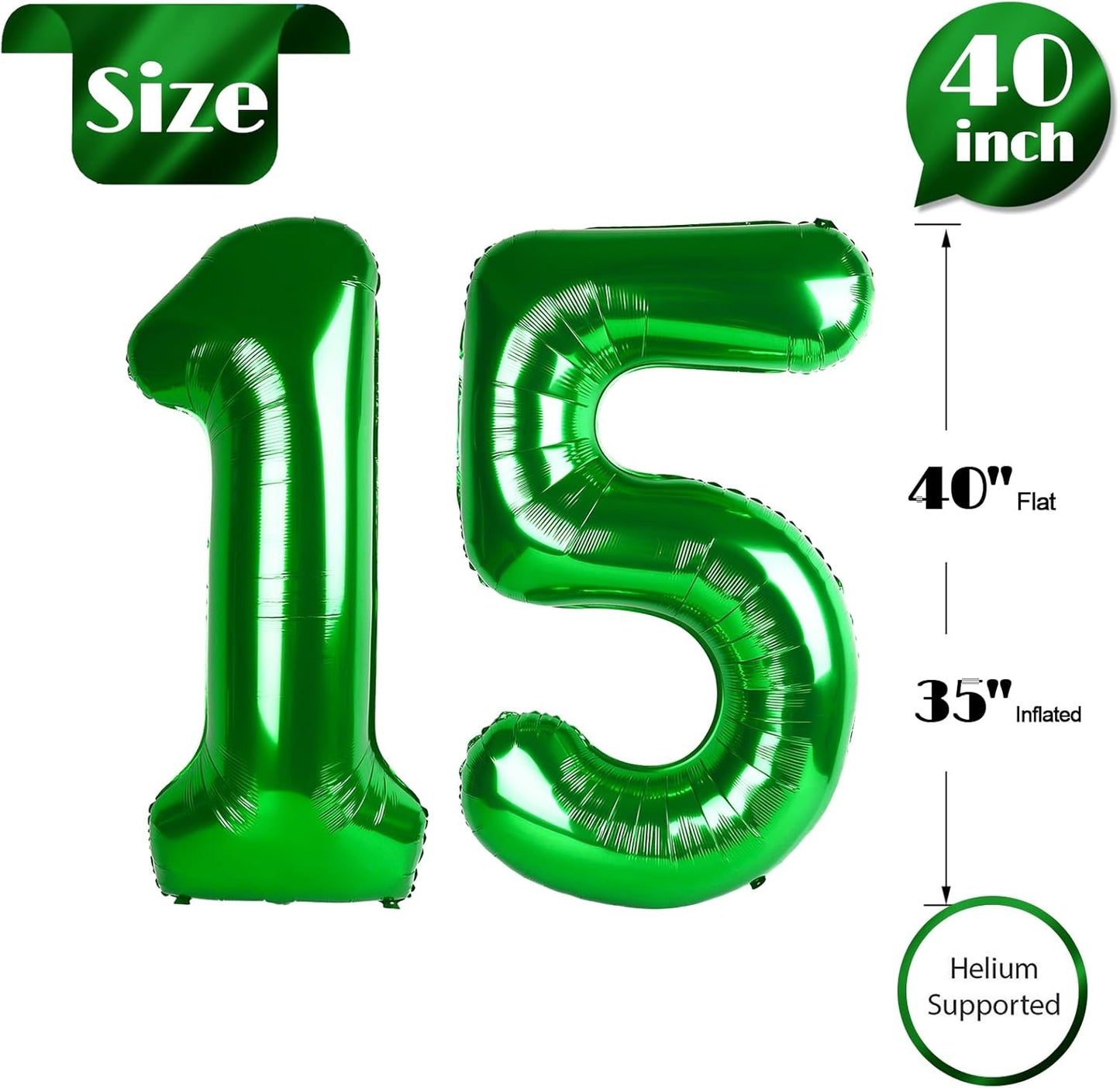 Green Number 15 Balloon 40 inch, 15 Number Balloons, 15th Green Birthday Decorations, 15 Year Old Girls Boys Party Supplies, St. Patrick's Day Games Theme Birthday Decorations