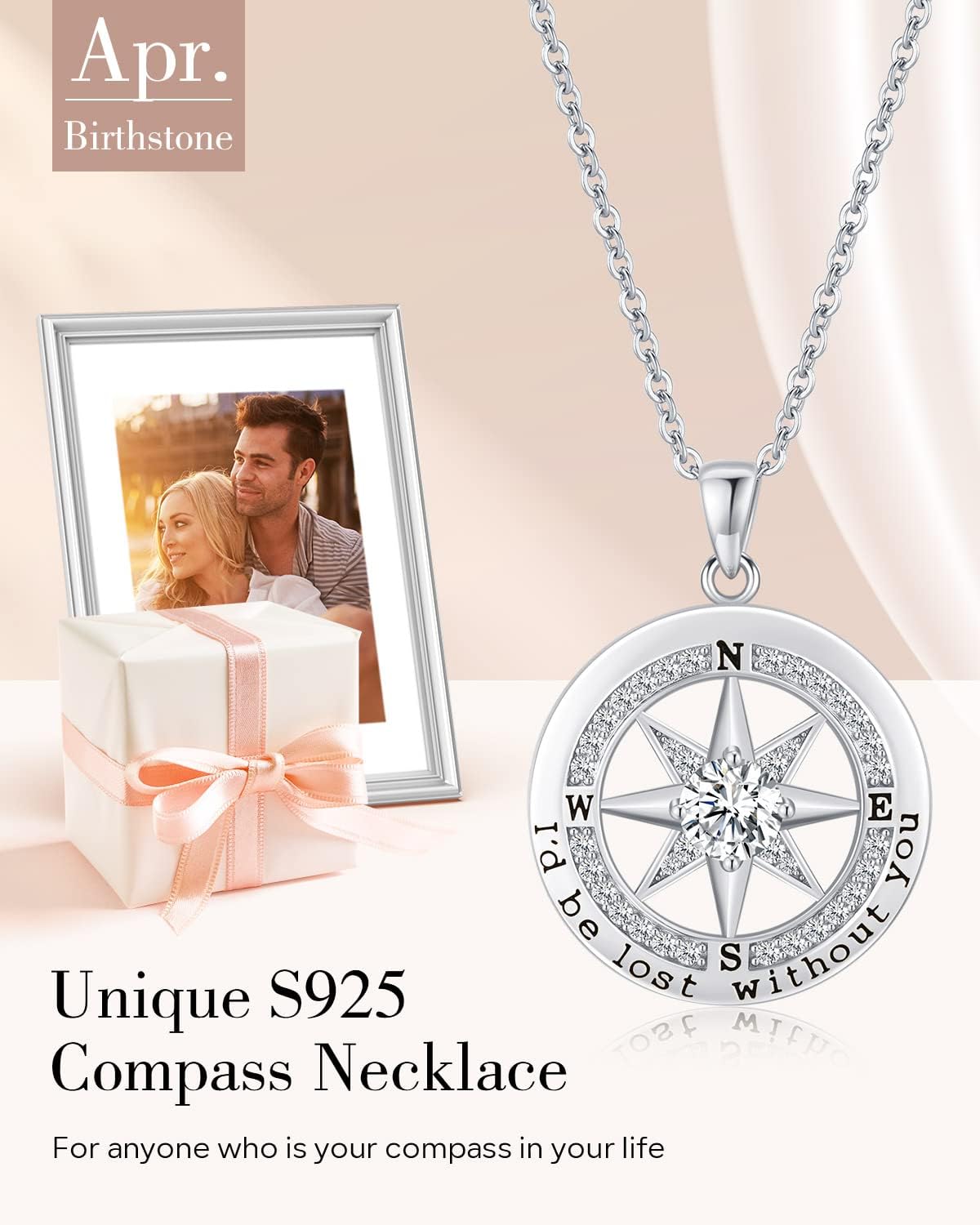 S925 Necklace Gift for Wife |Compass Jewelry |Women Anniversary |Sterling Silver |Girlfriend Birthday Gifts for Her Valentines |I'd be Lost without You |Jewel 18K Gold
