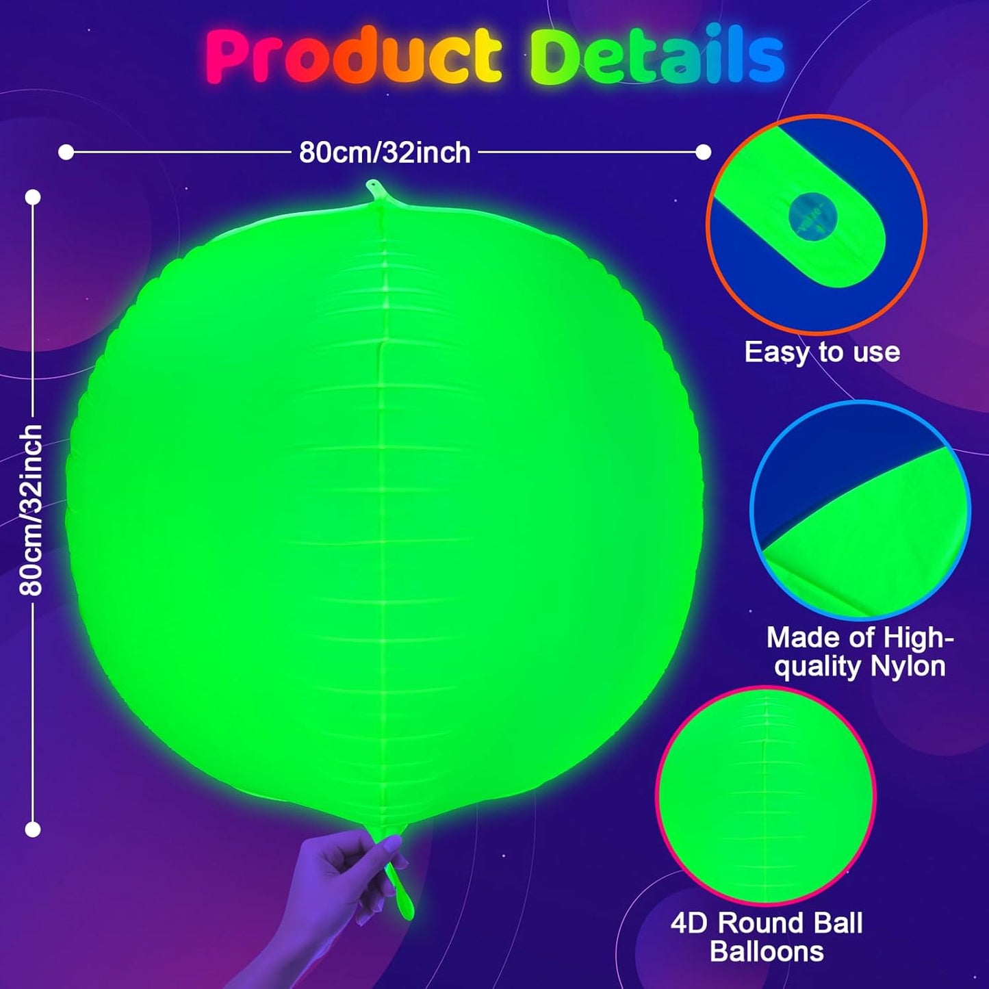 Mega-L Glow in the Dark Party Supplies,4 pcs 32 inch Round Neon Balloons for Glow Party Arches/Garlands,Glow Under Black Lights,Used for Neon Party Decorations,80s Party,Birthday,Halloween Decorations