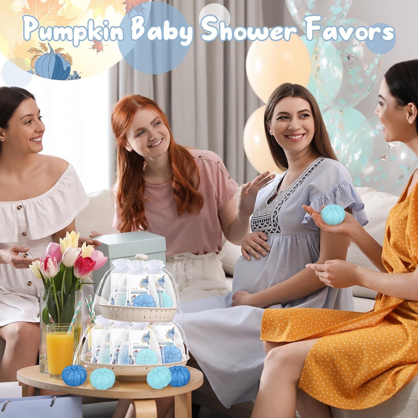 Liliful 50 Sets Pumpkin Soap Baby Shower Favors Thanksgiving Fall Favors for Bridal Shower Wedding Party Decorations 50 Little Pumpkin Soaps 50 Thanks Cards 50 Organza Bags Gender Reveal Gift(Blue)