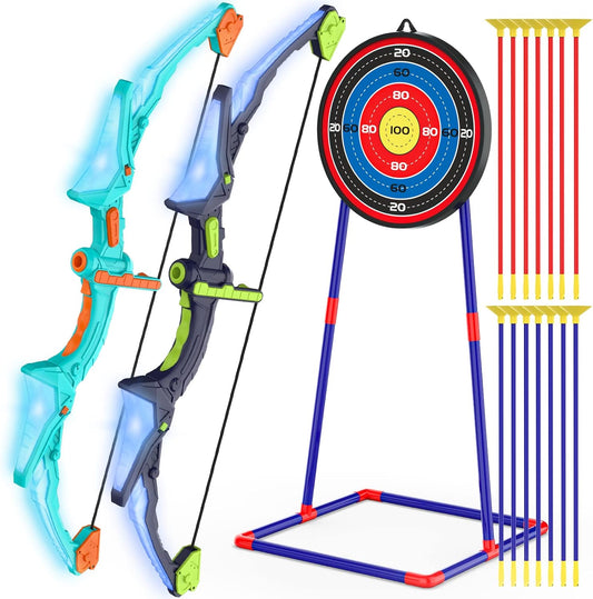 2 Pack Kids Bow and Arrow Set with LED Flash Lights, 14 Suction Cup Arrows and Fluorescence Standing Target-Perfect Indoor and Outdoor Game Archery Set Toy Gift for 4 5 6 7 8-12 Year Old Boys