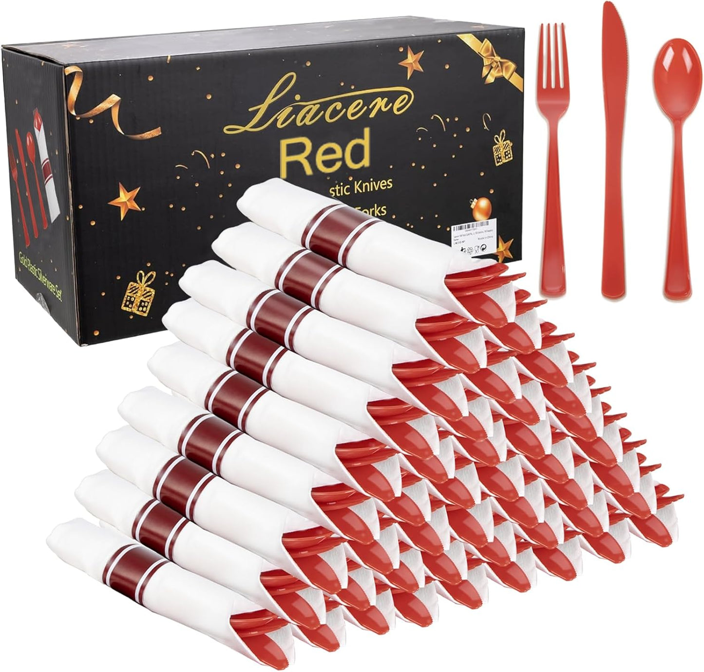 Liacere 400PCS Pre Rolled Red Silverware and Napkin - Disposable Red Plastic Utensils-Wrapped Plastic Cutlery Set with Napkin:100Forks,100Knives,100Spoons,100Napkins for Wedding＆Valentine＆Christmas