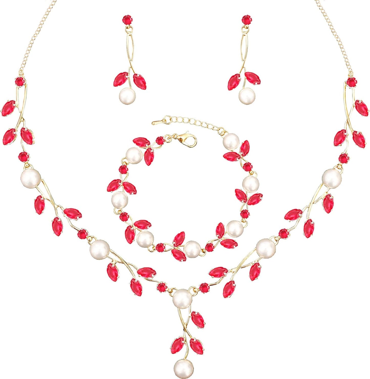 Luxury Cubic Zirconia Aurtrian Crystal Pearl Floral Necklace Dangle Earrings Wedding Bridal Jewelry Set Birthday Gifts for Her