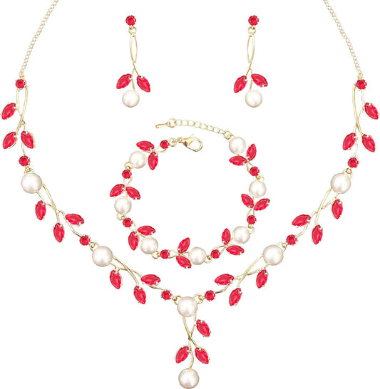 Luxury Cubic Zirconia Aurtrian Crystal Pearl Floral Necklace Dangle Earrings Wedding Bridal Jewelry Set Birthday Gifts for Her