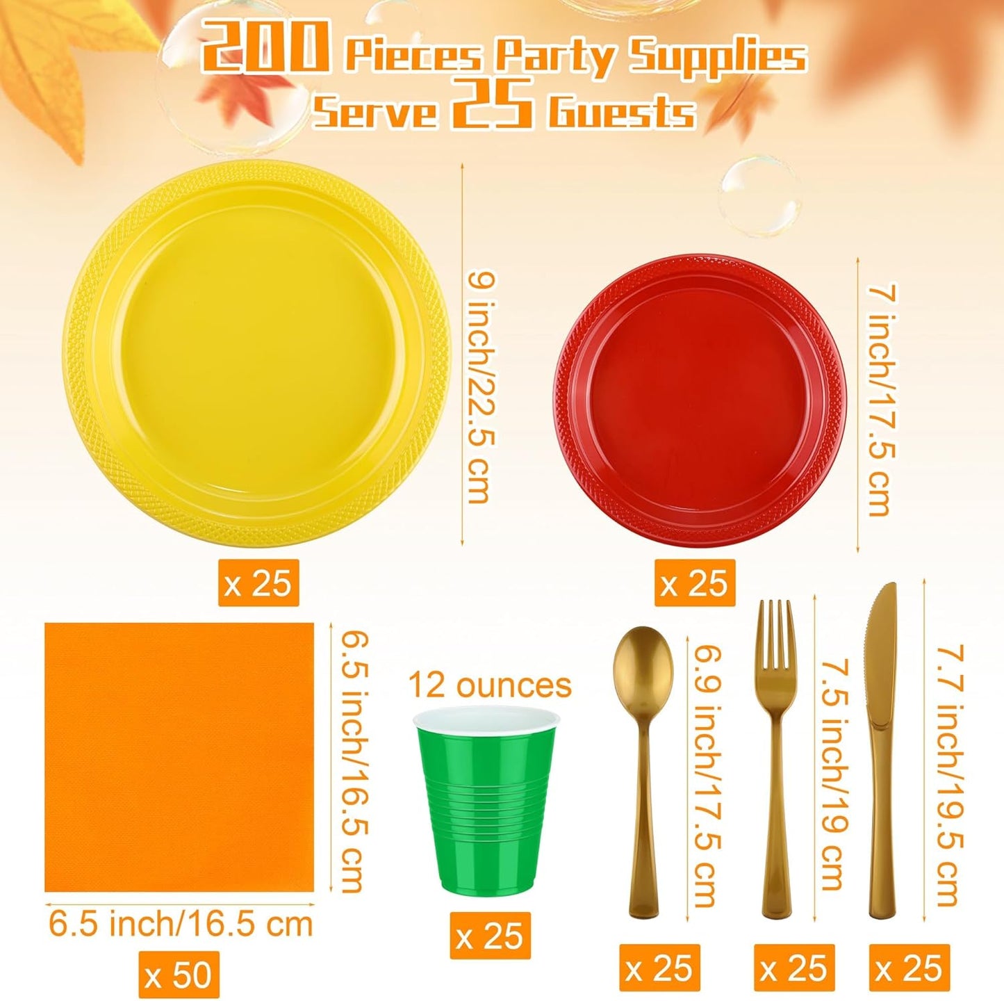Aodaer 200 Pieces Fall Thanksgiving Party Supplies Disposable Autumn Dinnerware Set Include Plastic Dinner Dessert Plates Cups Cutlery Paper Napkins for Fall Harvest Thanksgiving Party, Serve 25 Guest