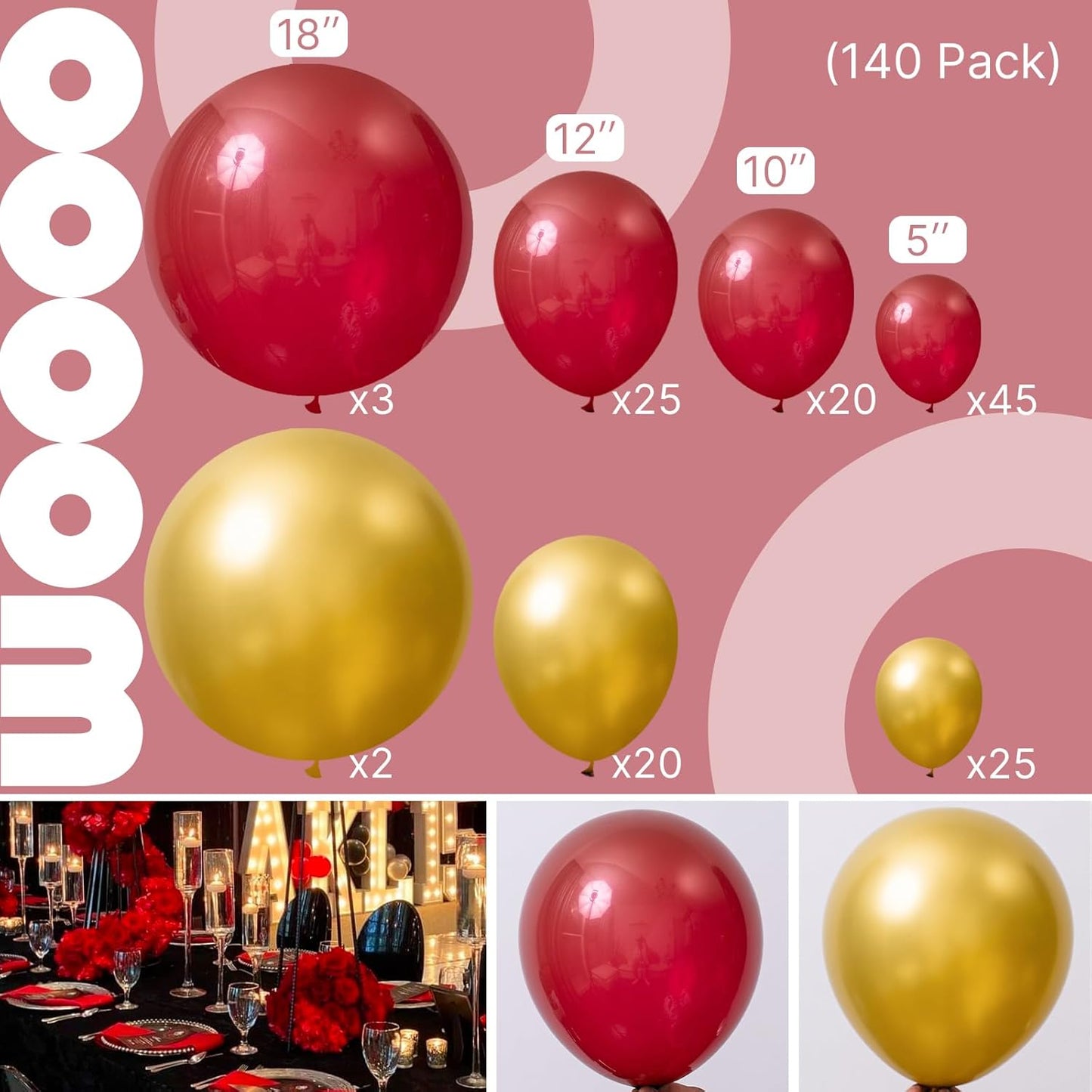 PartyWoo Red and Gold Balloons, 140 pcs Ruby Red and Gold Balloons Different Sizes Pack of 18 Inch 12 Inch 10 Inch 5 Inch for Balloon Garland or Balloon Arch as Birthday Decorations, Party Decorations