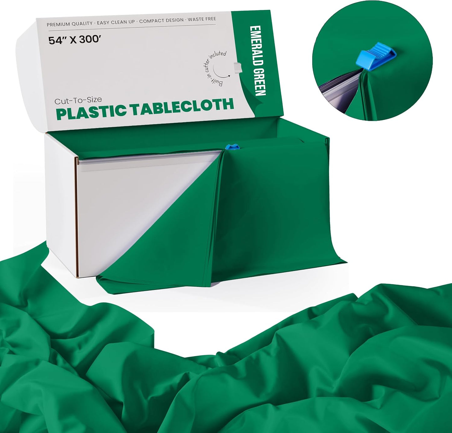 Party Solids 54 Inch X 300 Feet Emerald Green Plastic Table Cover Roll in A Cut - to - Size Box with Convenient Slide Cutter. Cuts Up to 36 Rectangle 8 Feet Plastic Disposable Tablecloths