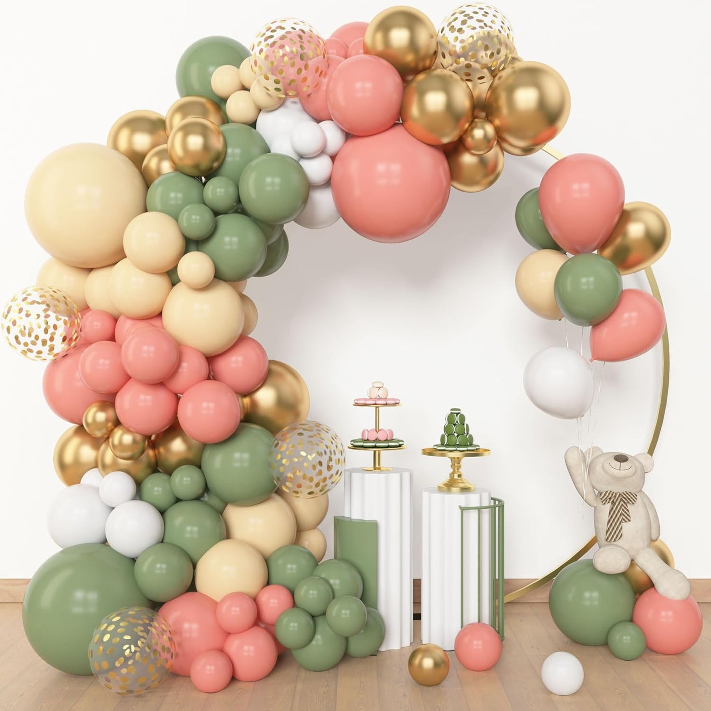 Amandir 153pcs Retro Green Pink Balloon Garland Arch Kit, Different Sizes 18 12 10 5 inch White Dusty Pink Latex Metallic Confetti Balloons for Jungle Safari Birthday Party Baby Shower Decorations