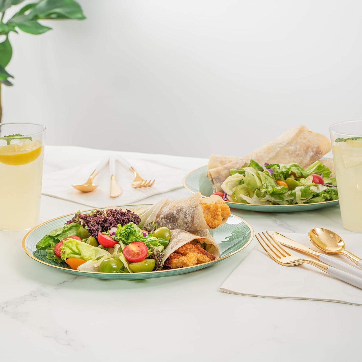 Restaurantware Plastic Plates 100 Pcs 10" Gold Rimmed Disposable Plates Heavy-Duty Green Translucent Rippled Plastic Dinner Servers for Party, Weddings, Salads, Desserts, and Appetizers