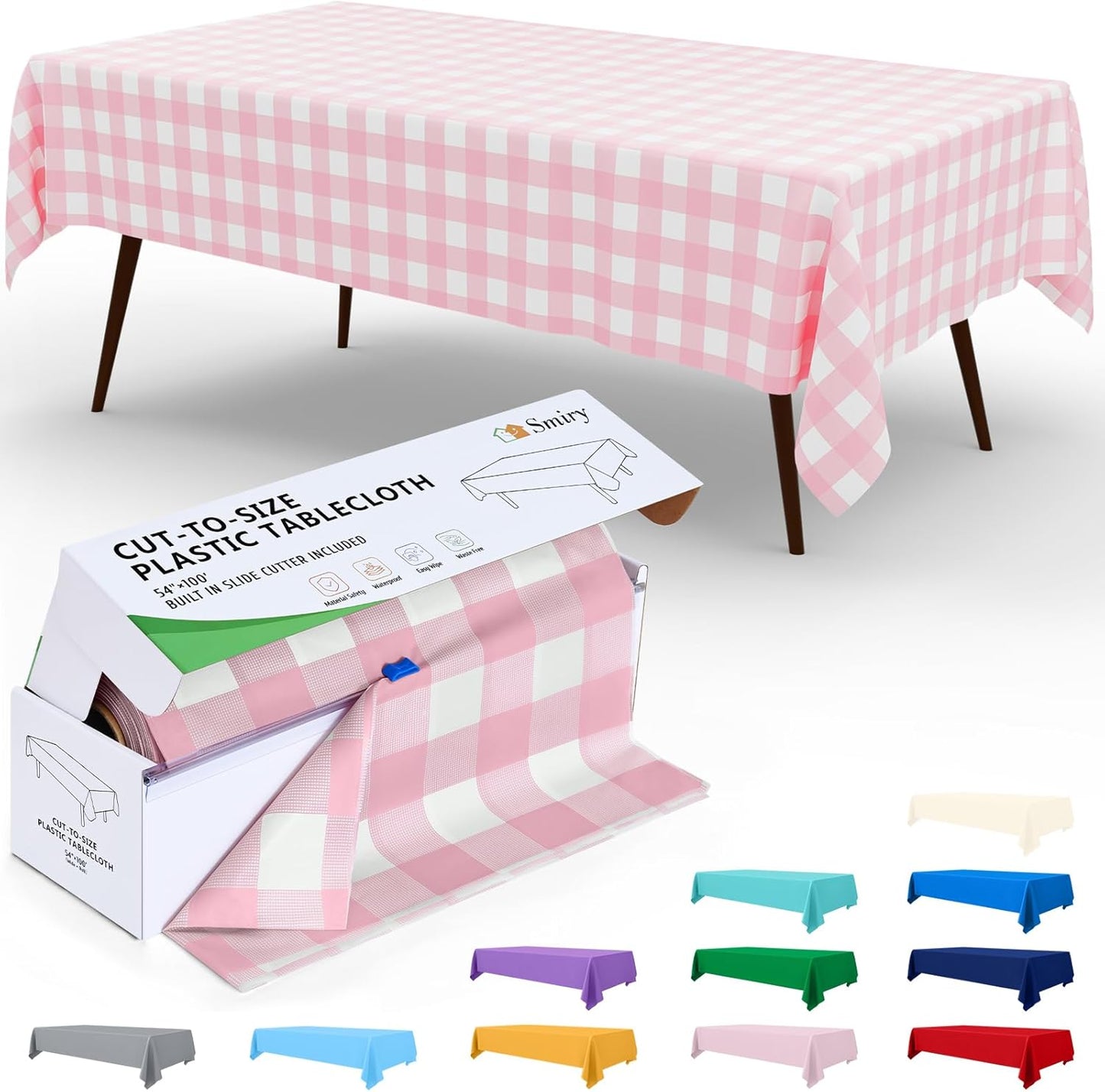 Smiry 54 Inch x 100 Feet Disposable Table Cover Roll, Pink & White Plastic Table Cloth in Cut-to-Size Box with Slide Cutter, Waterproof Rectangle Tablecloths for Weddings, Banquets, Outdoor