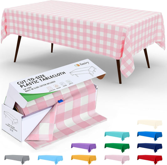 Smiry 54 Inch x 300 Feet Disposable Table Cover Roll, Pink & White Plastic Table Cloth in Cut-to-Size Box with Slide Cutter, Waterproof Rectangle Tablecloths for Weddings, Banquets, Outdoor