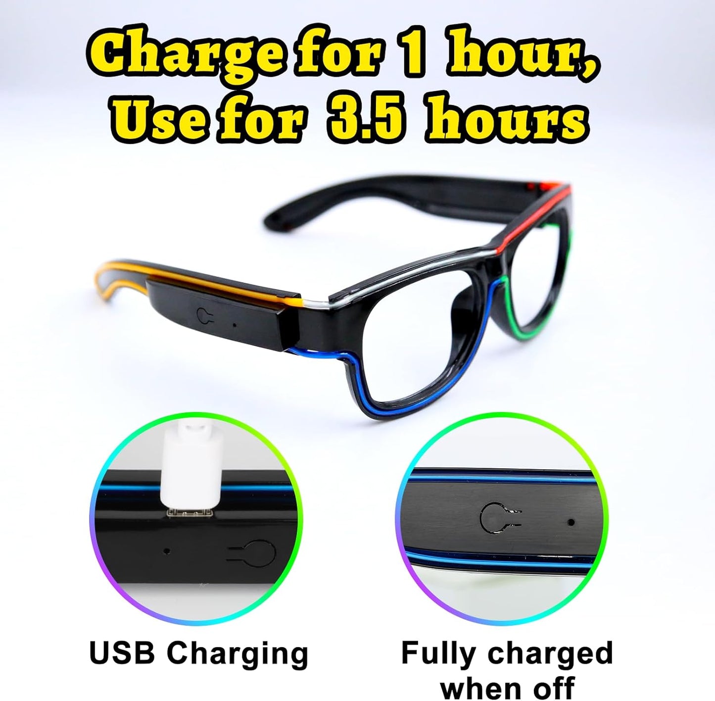 YouRfocus Wireless Led Light up Glasses Multi-Color Glow in the Dark Neon Rave Glasses for Rave Party, EDM, Halloween Costumes(6 Colors)