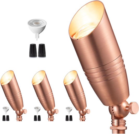 Gardenreet Brass Landscape Lighting - Low Voltage Spotlights Outdoor LED, 12V Wired Uplights, Waterproof Spot Lights, Copper for Outside Trees with 5W 2700K Warm White MR16 Bulb (4 Pack)