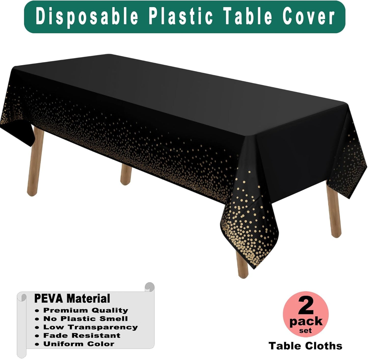 PARTY ULYJA Gold Polka Dots Confetti Plastic Tablecloths 2 Pack Black Disposable Table Covers Thanksgiving 54 x 108 Inch Table Cloths for Picnic Birthday Wedding Parties 8 Foot Rectangle Table