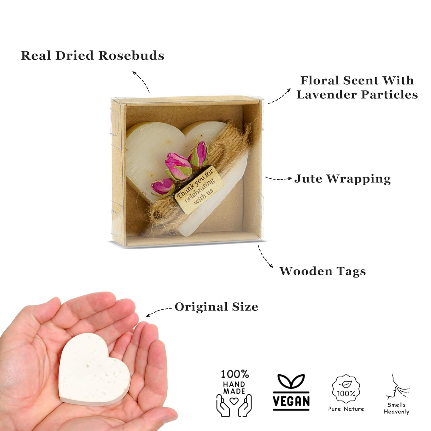 Heart Shaped Soaps 12-Pack, Handmade Scented Mini Soaps for Bridal Shower Party Favors, Tea Party, Wedding, Baby Shower & Engagement Gifts for Guests, Thanks You for Celebrating with Us Wooden Tag