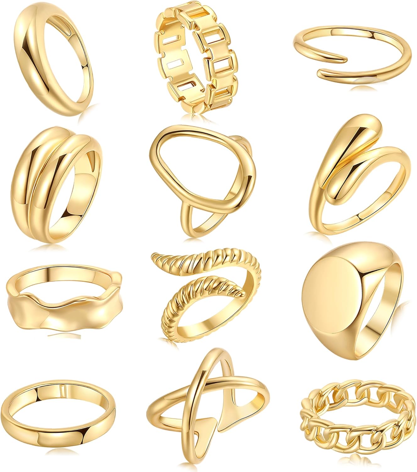 FAXHION 12PCS Gold Stackable Rings Set for Women, 18K Gold Plated Open Stacking Knuckle Ring, Adjustable Chunky Signet Band Statement Ring for Gift