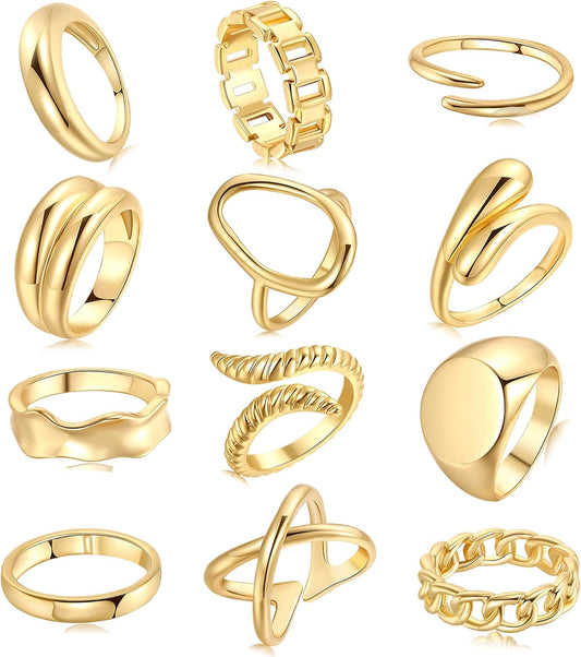 FAXHION 12PCS Gold Stackable Rings Set for Women, 18K Gold Plated Open Stacking Knuckle Ring, Adjustable Chunky Signet Band Statement Ring for Gift