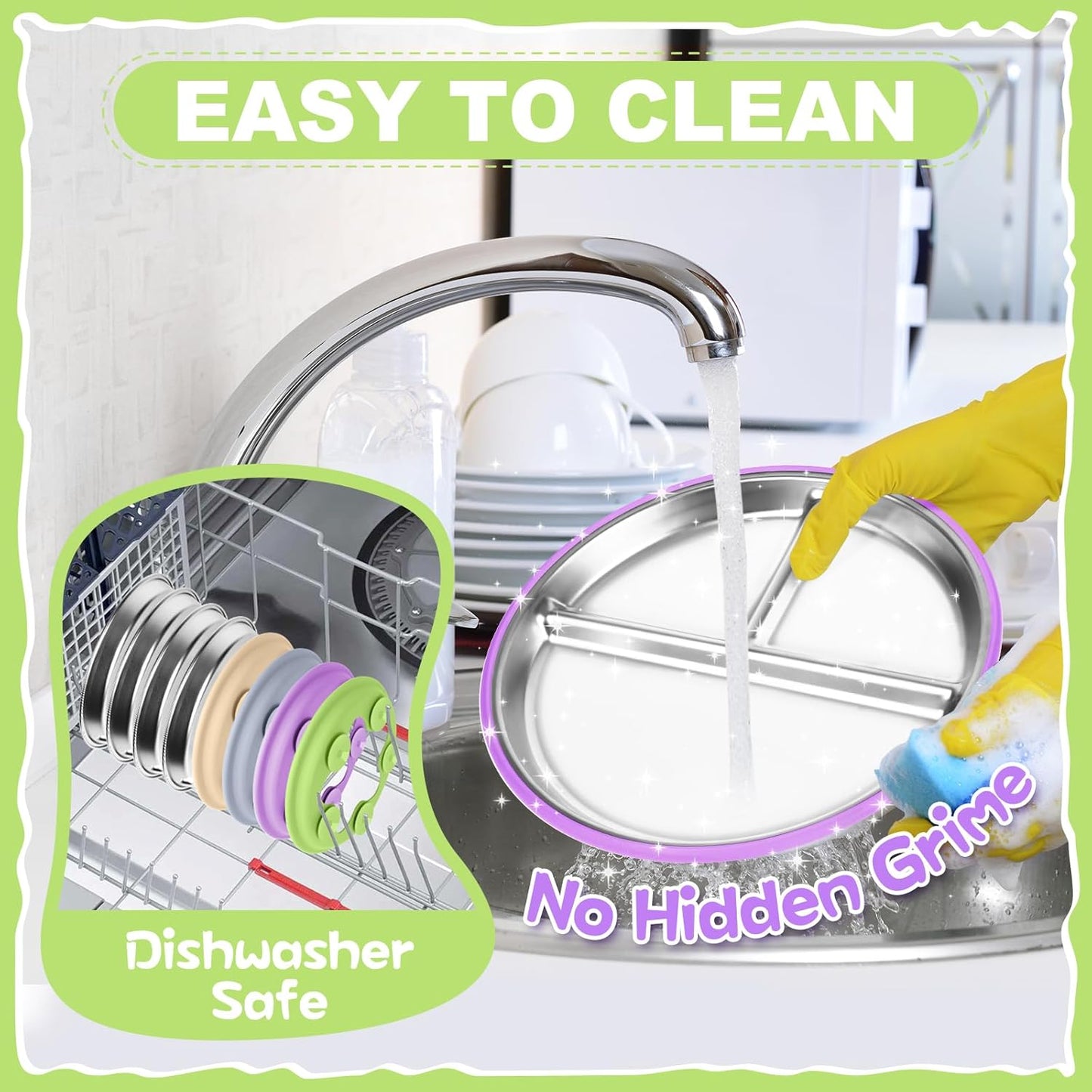 OVV Stainless Steel Kids Plates (2 Pack) – 9 Inch Toddler Divided Plates with ﻿Removable Silicone Sleeves & 5 Suction Cups Baby Self Feeding | Mess-Free Mealtime | Dishwasher Safe