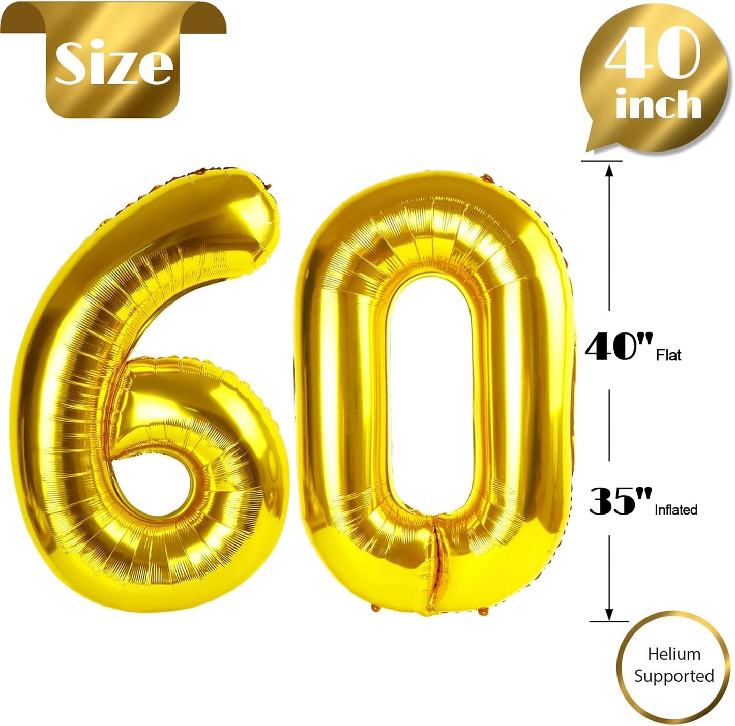 Gold Number 60 Balloon 40 Inch, 60th Birthday Party Decorations for Children, Giant 60 Foil Balloon for Party Supplies