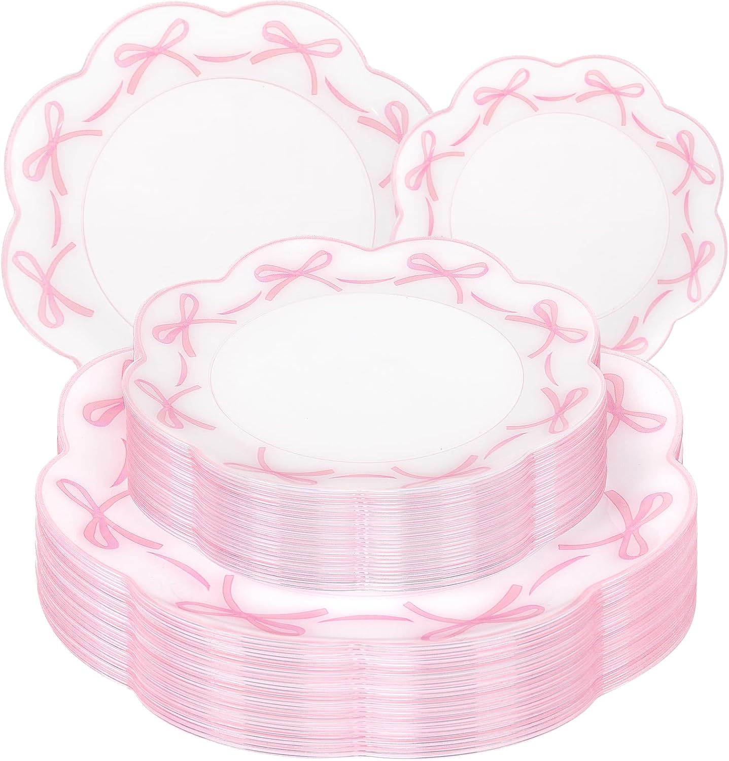 LIYH 60 Pcs Pink Plastic Plates for Party Bow Plates - Pink Porcelain Scalloped Plate Disposable Heavyduty for Wedding Bridal Shower Floral Dinnerware Set - 10.25" Dinner & 7.5" Dessert Plate