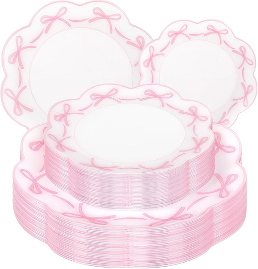 LIYH 60 Pcs Pink Plastic Plates for Party Bow Plates - Pink Porcelain Scalloped Plate Disposable Heavyduty for Wedding Bridal Shower Floral Dinnerware Set - 10.25" Dinner & 7.5" Dessert Plate