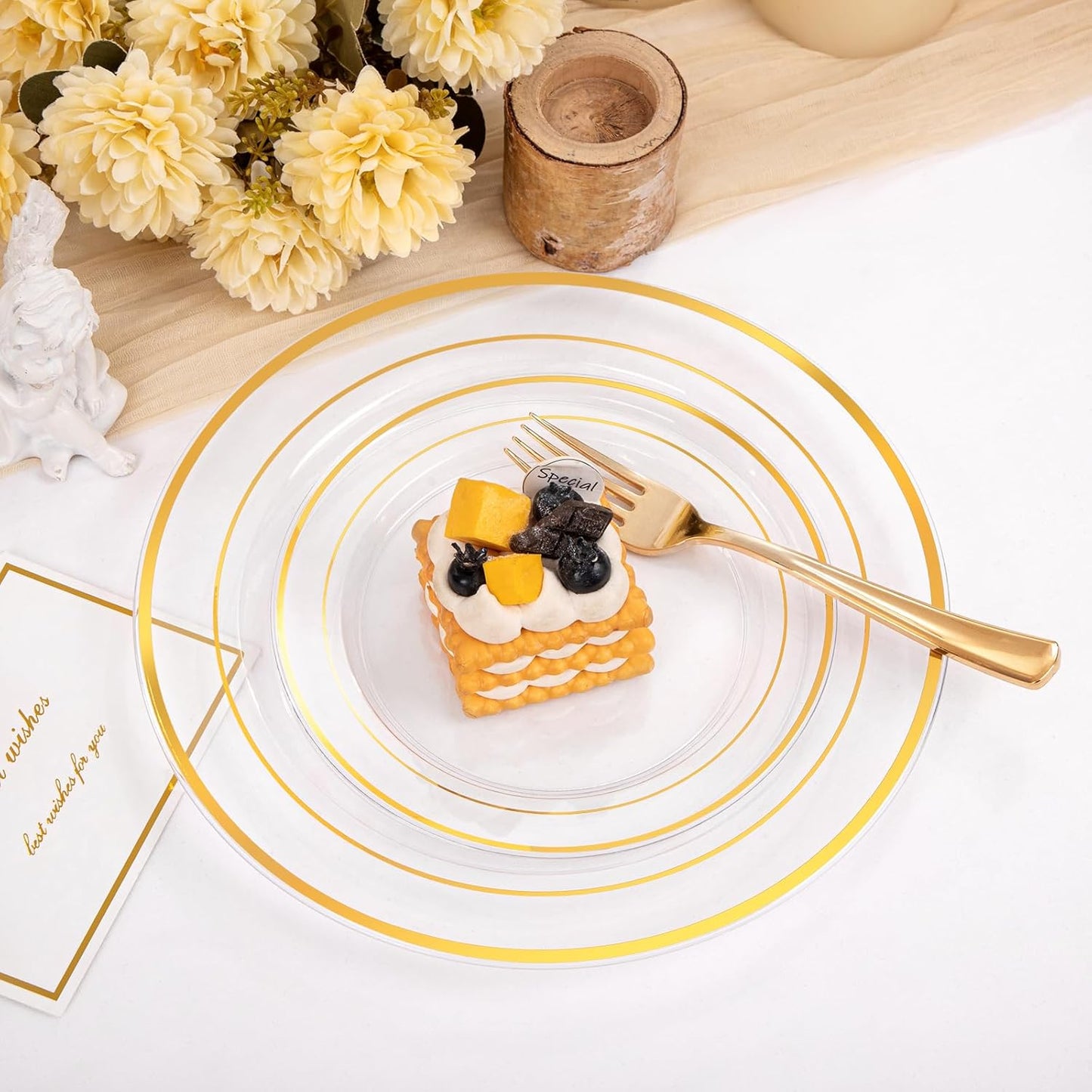 I00000 200 Pcs Clear Gold Plastic Plates - Disposable Party Plates, Gold Plate Disposable Include 100 Dinner Plate and 100 Dessert Plate, Plastic Plate for Party, Holiday, Wedding & Birthday