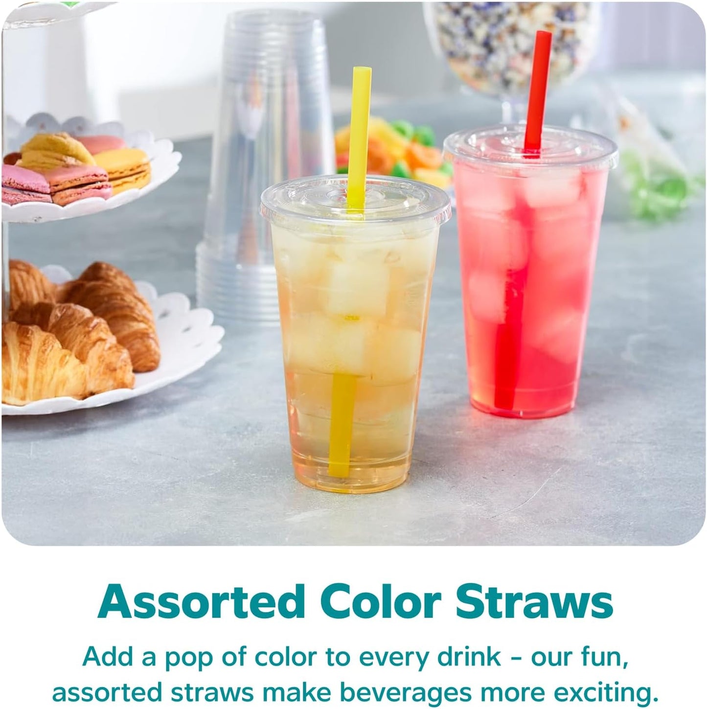 GUSTO [24 oz. - 100 Count Clear Cups with Flat Lids & Straws - Disposable Clear Drinking Cups for Iced Coffee, Cold Drinks, Milkshakes, and Smoothies - Formerly Comfy Package