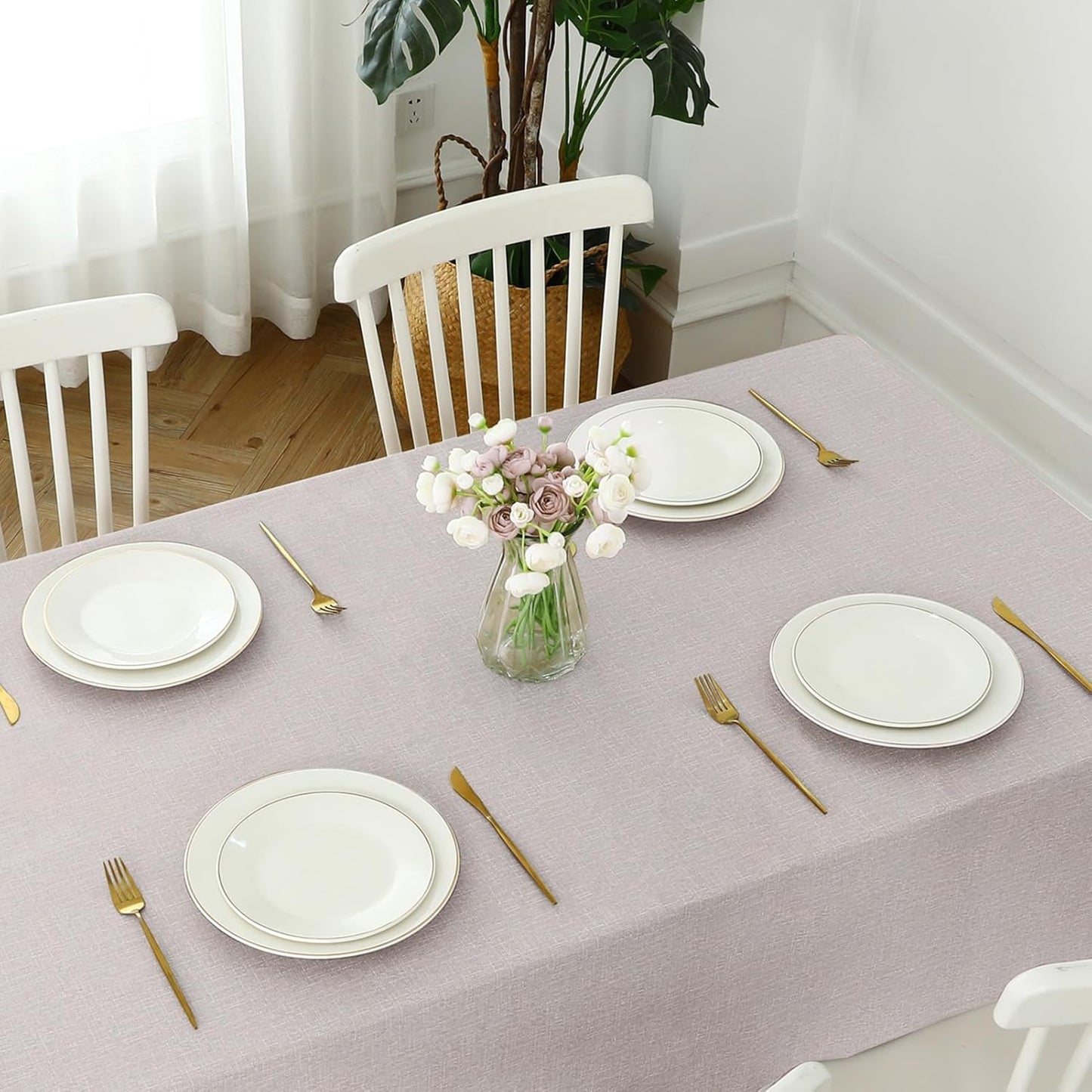 Romanstile 100% Waterproof PVC Tablecloth, Square Oil Spill Proof Stain Resistant Vinyl Table Cloth, Wipe Clean Plastic Table Covers for Kitchen/Dining/Parties - 54 x 54 Inch, Beige