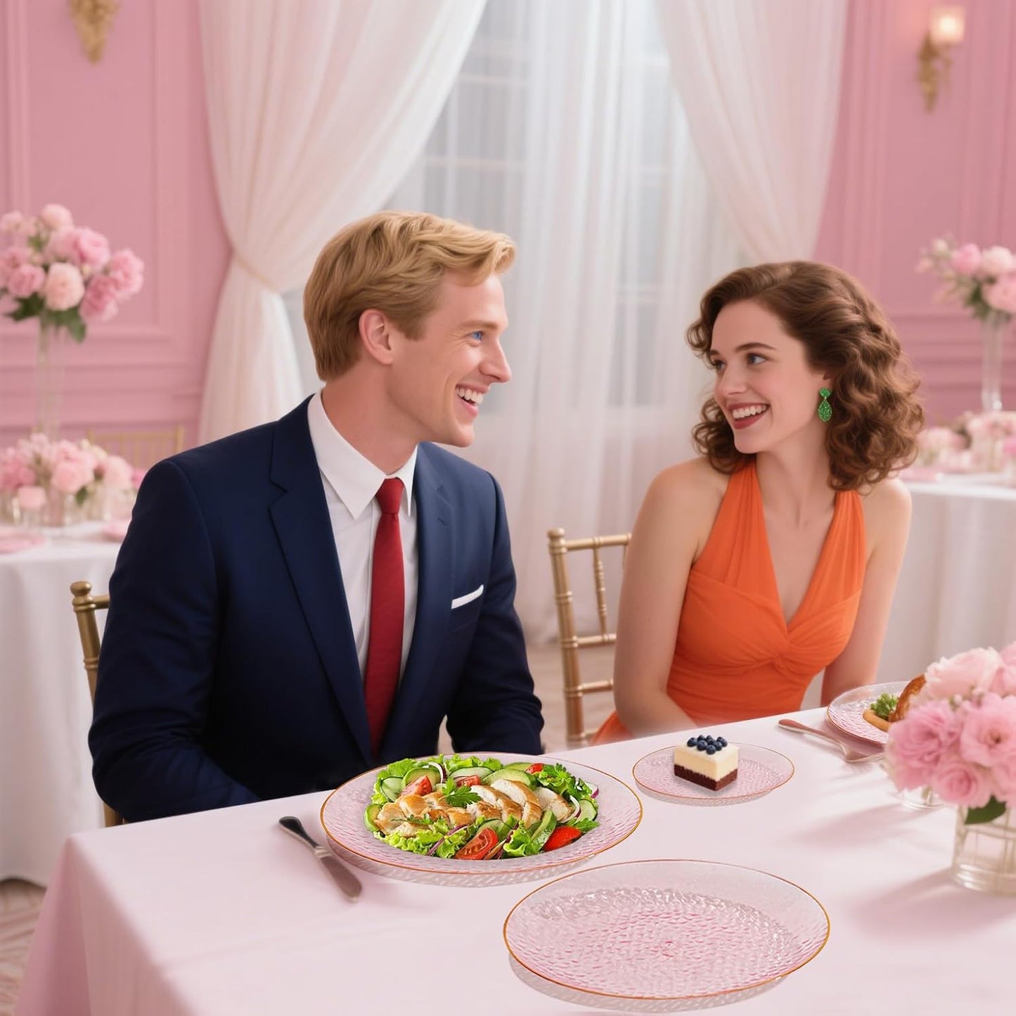 SUT 36Pcs Pink Plastic Plates, Hammered Plates Disposable Heavy Duty, Pink Disposable Plates With Gold Rim, Fancy Plastic plates Include 18 Dinner and 18 Dessert plates for Wedding