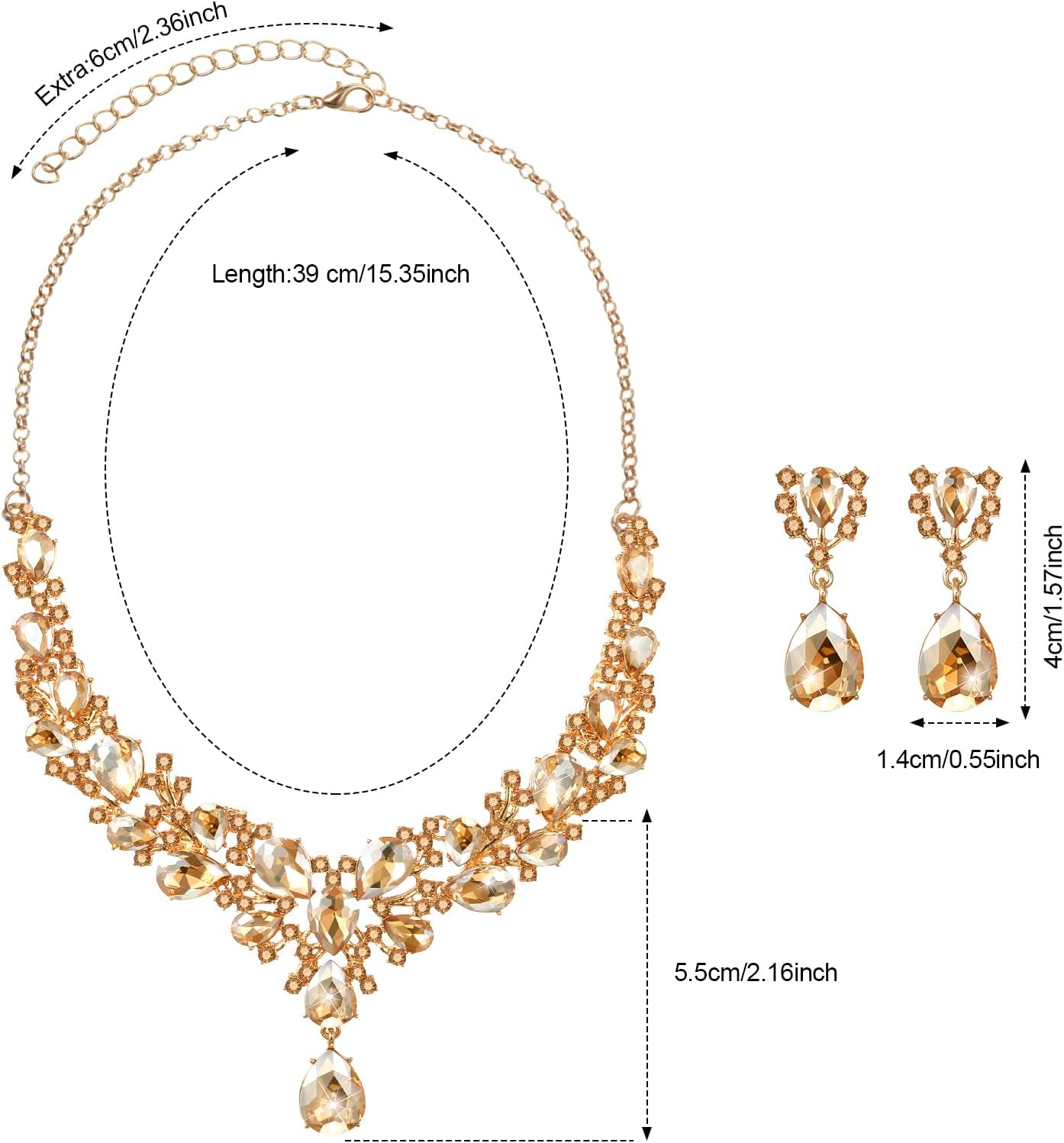 Hicarer Bridal Teardrop Cluster Crystal Jewelry Set for Women Necklace Earrings Wedding