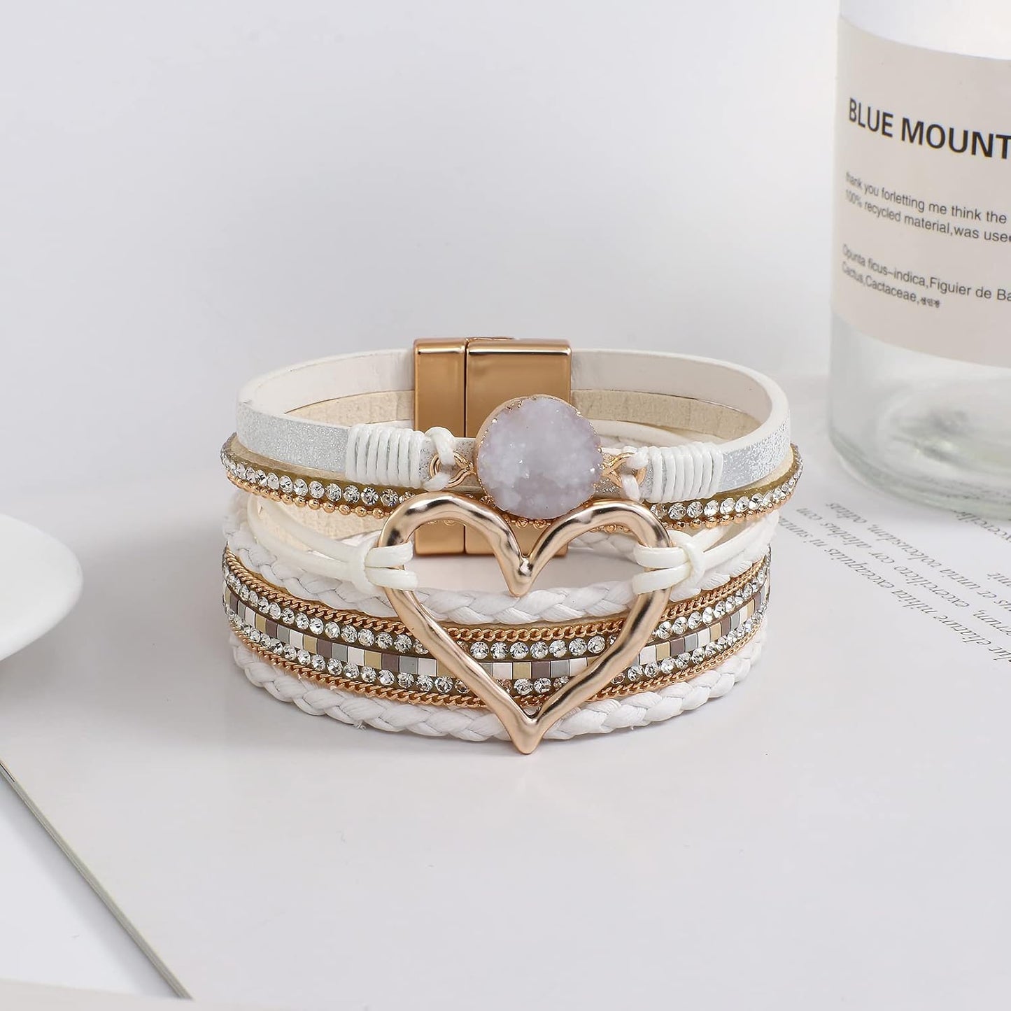 Leather Wrap Bracelet for Women Beaded Cuff Bracelet with Heart-shape Decor Bohemian Crystal Bracelet Jewelry with Clasp Bangle Bracelet for Women Girls Birthday Holiday Gift