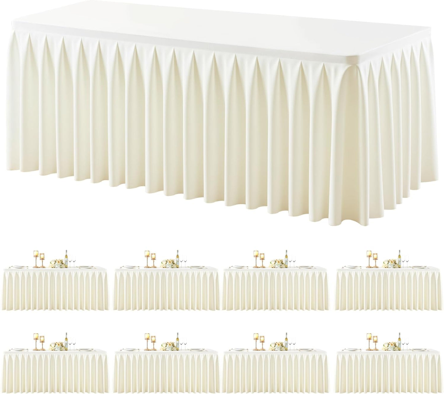 8 Pack Ivory Rectangle Tablecloth 8 FT Stretch Spandex Fitted Table Cloth for 8 Foot Rectangle Tables Banquet Tablecloths Wrinkle Free Table Cover Skirt Ruffle Tablecloth for Party Wedding Birthday