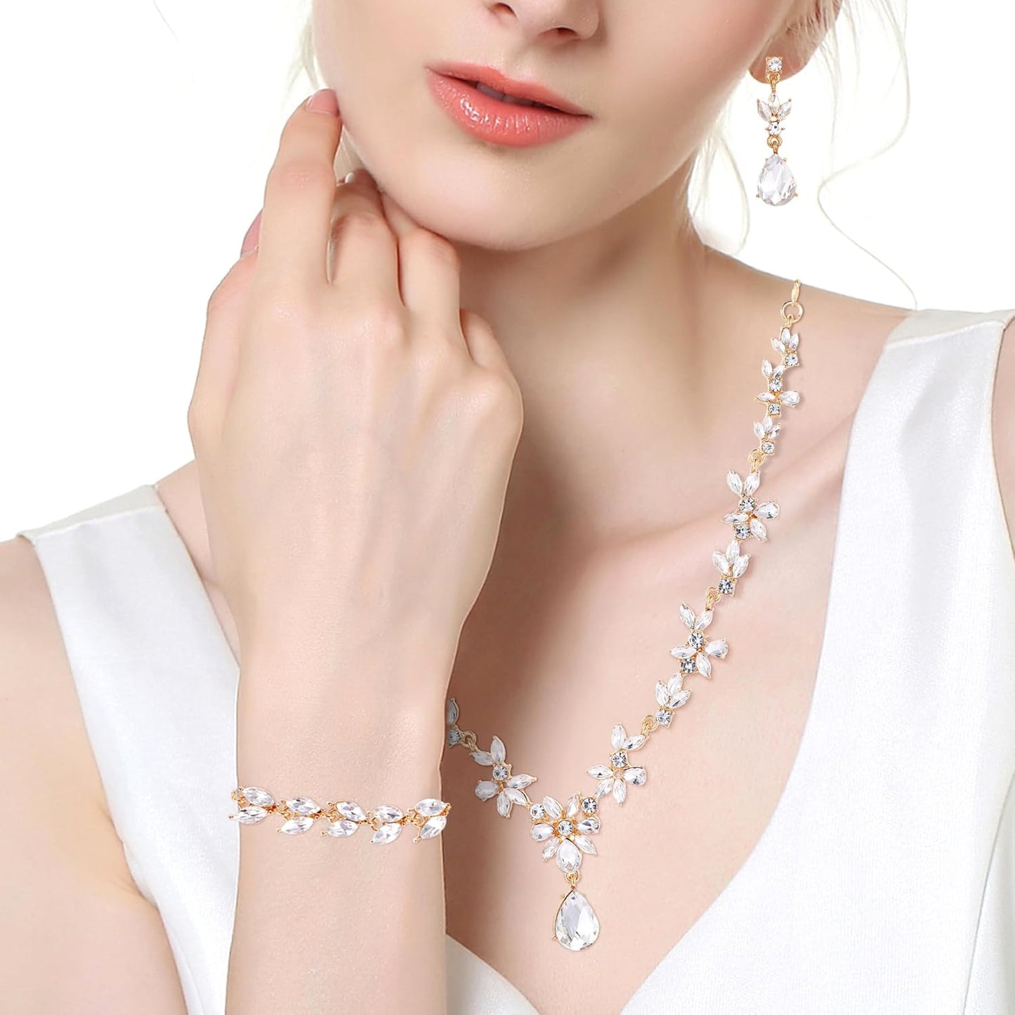 Kamirola Bridal Jewelry Set, Jewelry Set for Women, Necklace Dangle Earrings Bracelet Set, White Gold Plated (TR76)