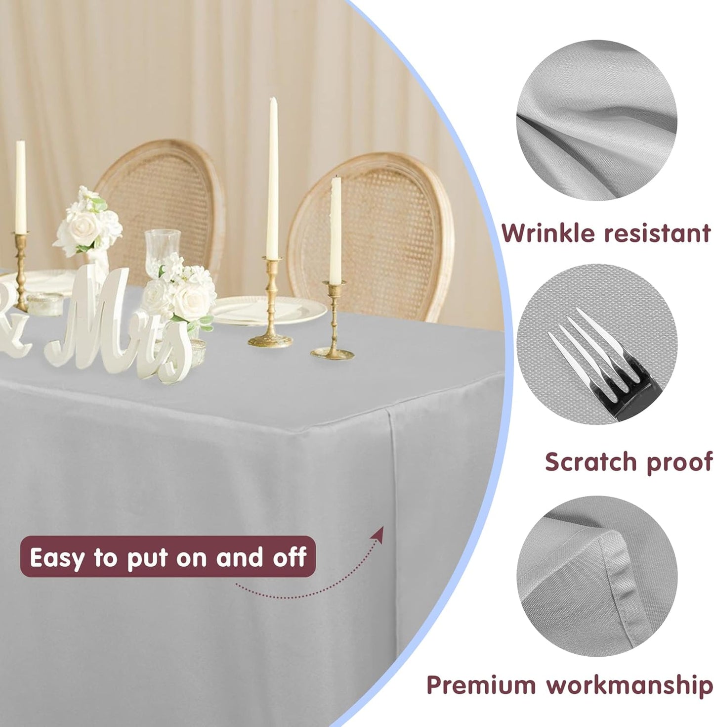 HolidayIdeas 2 Pack Fitted Table Clothes - 48 x 24 Inch - Silver Rectangle Tablecloths for 4 Foot Tables, Polyester Fabric Tablecloth for Parties, Birthday, Baby Shower, Trade Show, Wedding