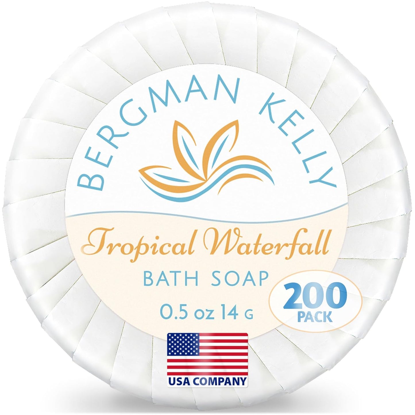 BERGMAN KELLY - Hotel Soap Bars in Bulk - Tropical Waterfall, 0.5 oz, 200 PK - Small Individually Wrapped Round Soap - Travel Size Mini Toiletries for Airbnb, Motel, Guest Bathroom
