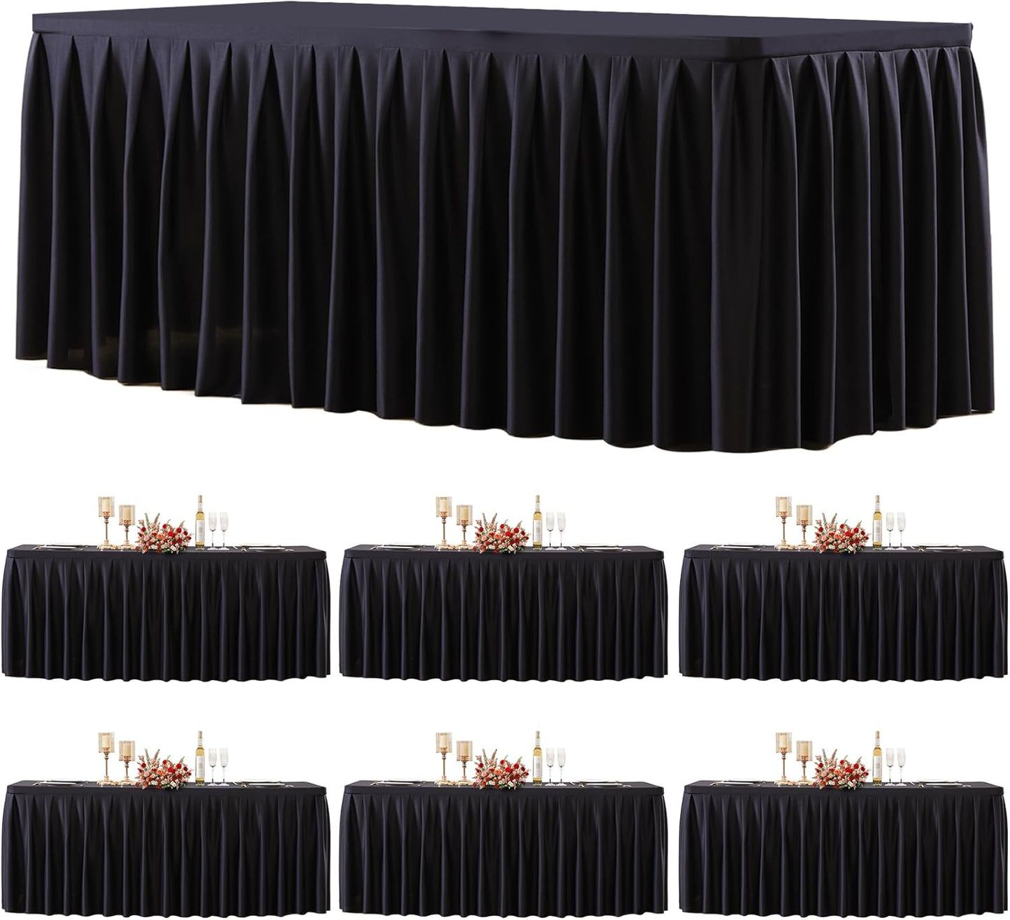6 Pack Black Rectangle Tablecloth 8 FT Stretch Spandex Fitted Table Cloth for 8 Foot Rectangle Tables Banquet Tablecloths Wrinkle Free Table Cover Skirt Ruffle Tablecloth for Party Wedding Birthday