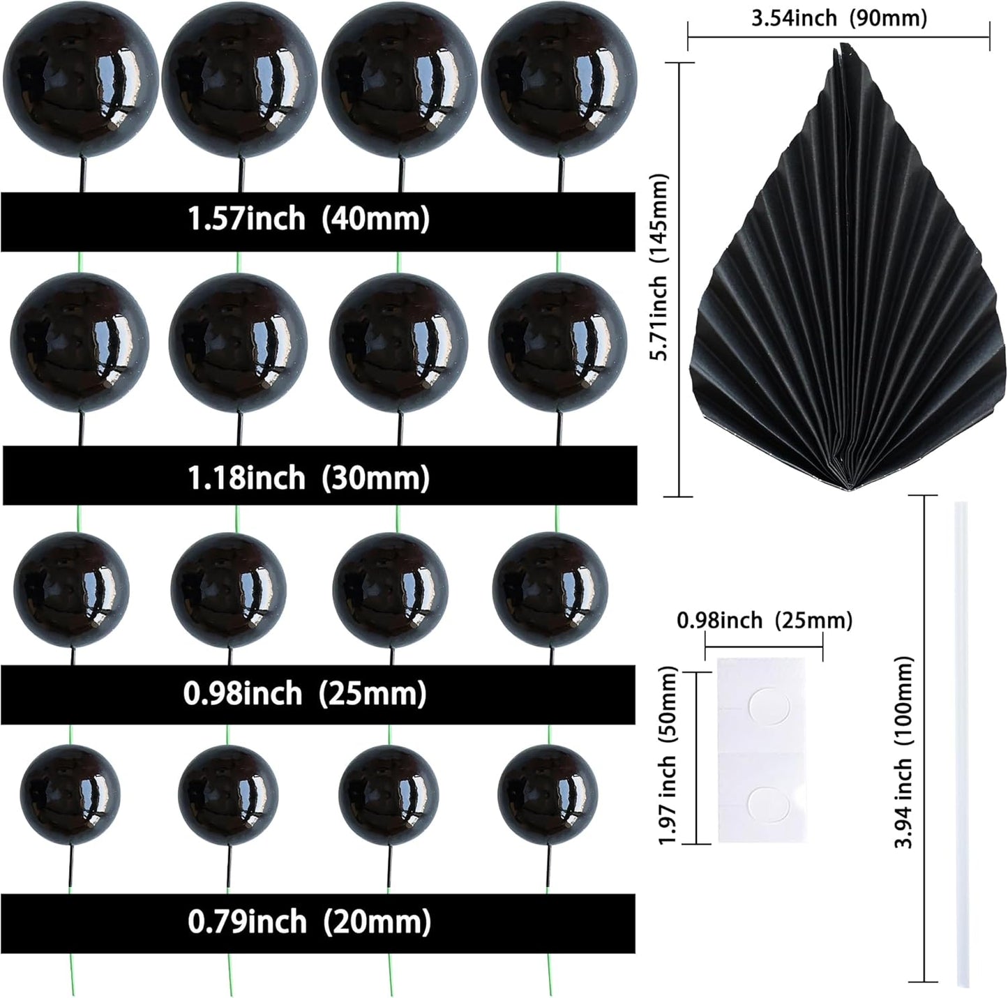 Ephlyn 28Pcs Paper Palm Fan Cake Topper Balls Cake Pick for Baby Shower Wedding Bridal Shower Birthday Party DIY Cake Decorations Supplies Black