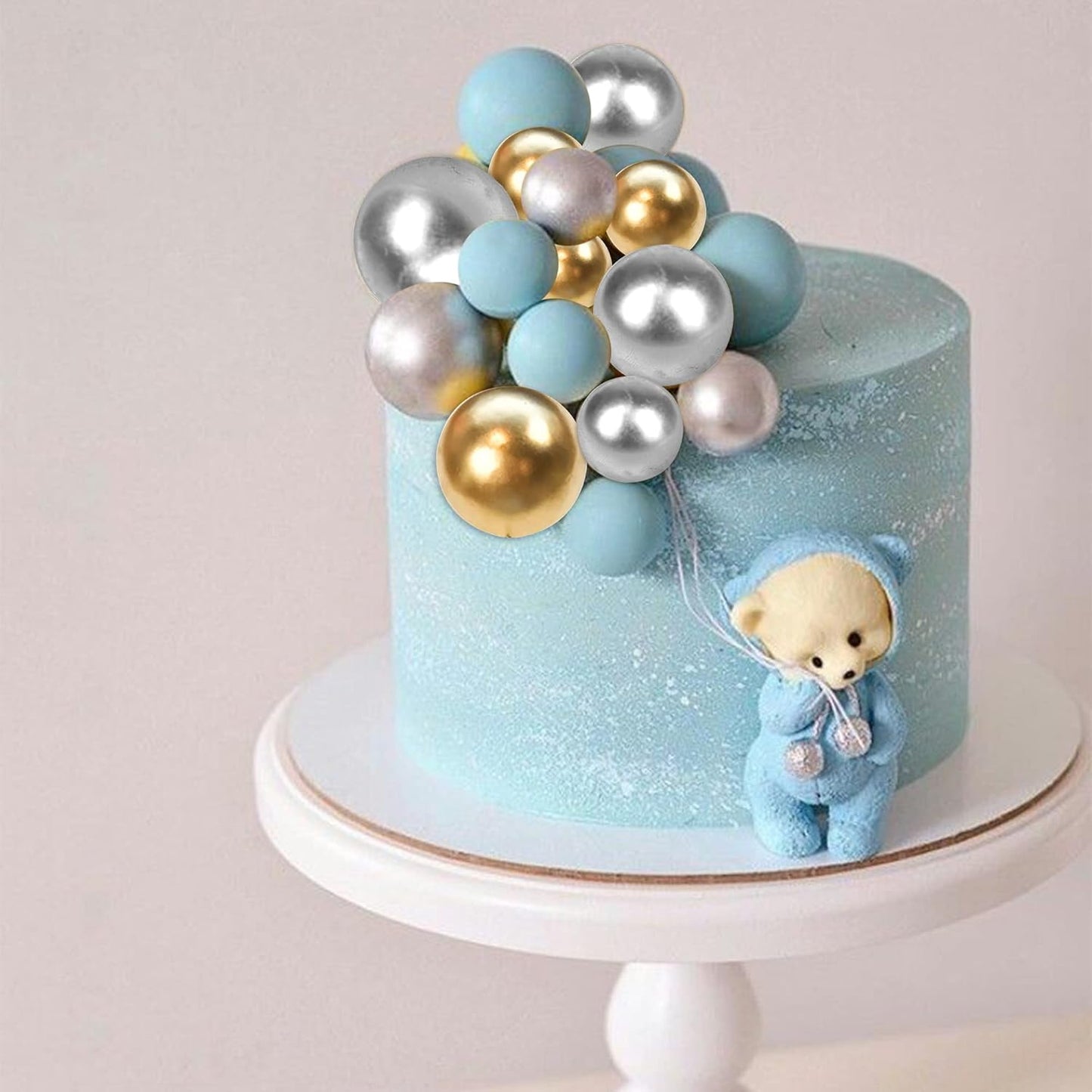 24 PCS Ball Cupcake Toppers Balls Cake Toppes Foam Balls Cupcake Picks DIY Mini Balloon Cake Inset Topper for Baby Shower Birthday Wedding Anniversary Party Decorations Supplies Blue Gold Silver